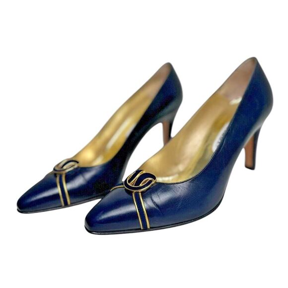 Bally VTG Italian Navy Blue Leather Gold Trim Pointed Toe Heels Gold Knot 7‎ 1/2 - Picture 1 of 6
